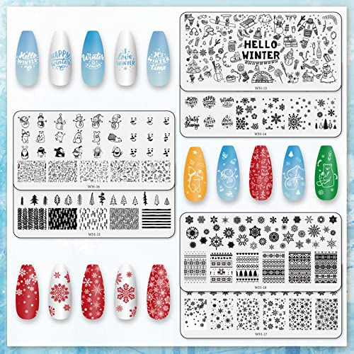 Whaline 6 Pieces Winter Nail Art Stamping Plates Kit Snowman Snowflake Pine Tree Sweater Image Stamp Templates Hello Winter Nail Art Plates for Winter Xmas DIY Print Manicure Salon Design Gift