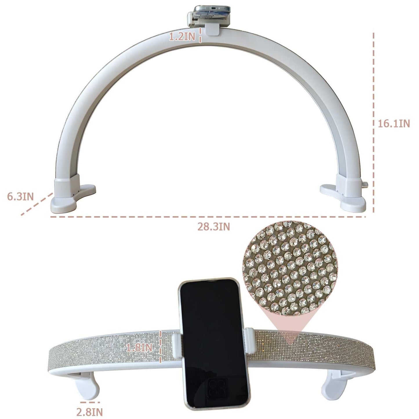 KMLSHLL Half Moon Light for Nail Desk with Phone Holder, Adjustable Brightness 2700K-6000K, 45W Rhinestones Arch Light for Nail Techs