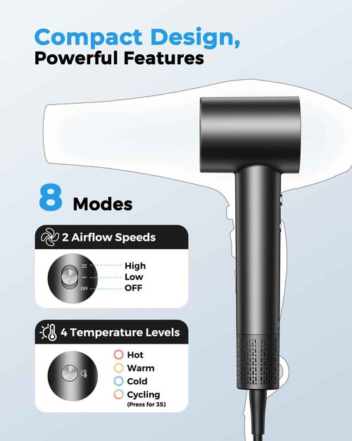 High Speed Hair Dryer 160000 RPM - Quiet Ionic Blow Dryer with Magnetic Diffuser and Concentrator, 500 Million Negative Ions, Lightweight, Thermo-Control, Fast Drying for Home Travel Salon