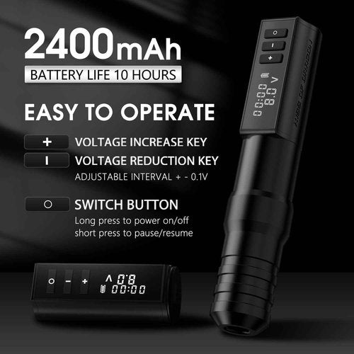 Wireless Tattoo Machine - Rotary Tattoo Cartridge Pen Custom Coreless Motor 2400mAh Power Supply Digital LED Display Professional for Tattoo Artist