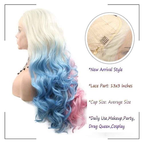 Angle Lucky Cosplay Colorful Wig for Women Synthetic Lace Front Wig Long Wavy Blonde Omber Pink Blue Glueless Wig Heat Resistant Fiber Drag Queen Party Wigs 24Inch