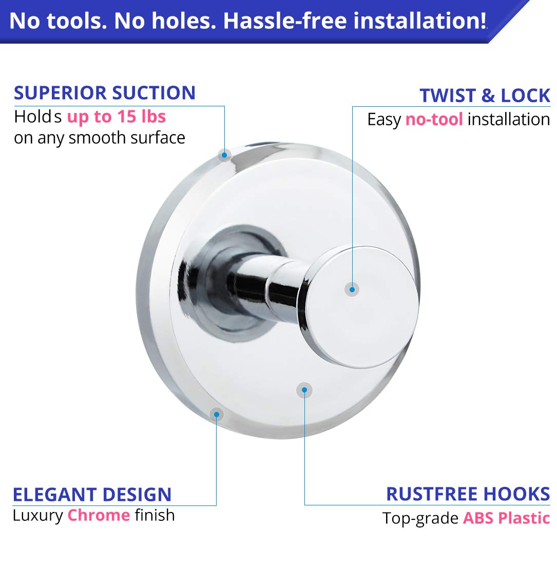 HOME SO Suction Cup Hooks for Shower, Bathroom, Kitchen, Glass Door, Mirror, Tile – Loofah, Towel, Coat, Bath Robe Hook Holder for Hanging up to 15 lbs – Waterproof & Rustproof, Chrome (2-Pack) …