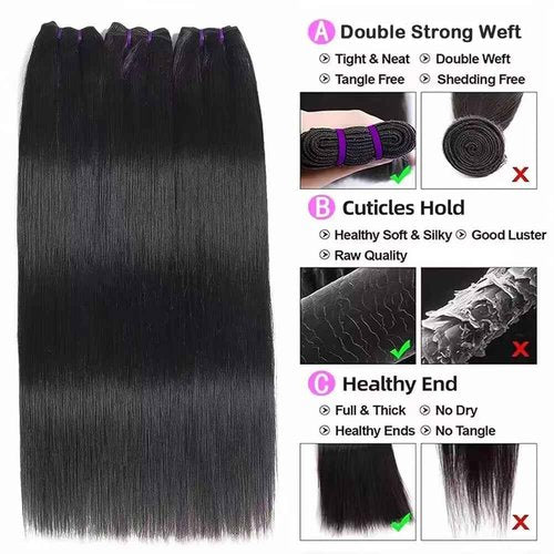 Luduna Straight Human Hair Bundles 100% Unprocessed Brazilian Virgin Human Hair 16A Straight 3 Bundles for Black Women Double Weft Natural Black