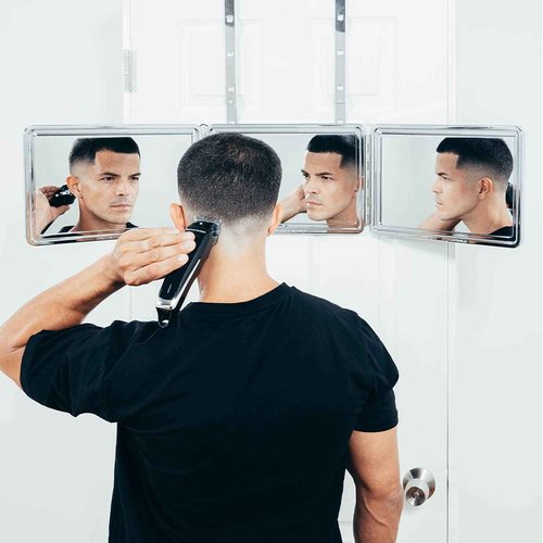 Self Cut System 3 Way Mirror for Self Hair Cutting, Trifold Barber Mirror with Height Adjustable Hooks, 360 View, Includes Free Educational Mobile App (Black Lambo)