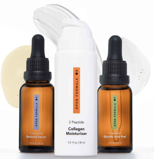 Open Formula Anti-aging Super Set. Glycolic Acid Peel + Retinoid Serum + Collagen Peptide Moisturizer. For Dark Spots & Melasma, Lines & Wrinkles, Loose & Sagging Skin. 3 Products, 3 Minutes To Apply