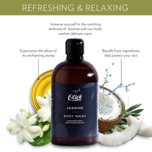 Olivé Olive Oil Gift Box 5 Piece Jasmine Scent Body Wash 500ml Hand Wash 500ml Two 125g Bar Soaps With Loofah Moisturizing Gentle Cleanse Set for Face Body Hands and Sensitive Skin