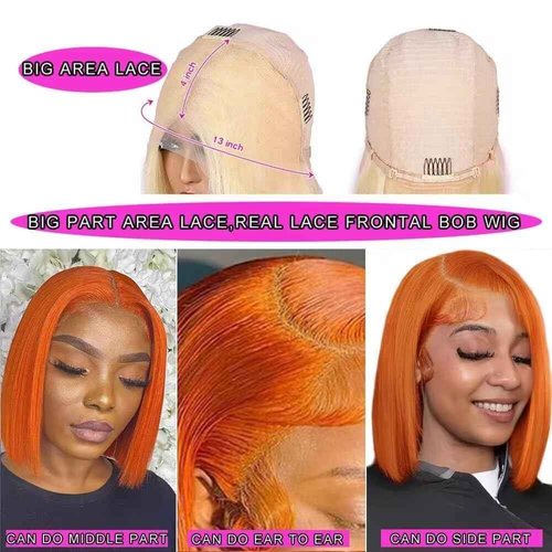 #350 Ginger Orange Bob Wig Human Hair 13x4 Straight Hd Ginger Bob Lace Front Wigs Human Hair Wear and Go Glueless Wigs 14 Inch Pre Plucked with Natural Hairline Frontal Short Bob Wigs For Black Women