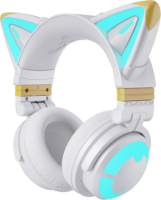 YOWU Cat Ear Headphones 3G, RGB Wireless/Wired 5.0 Foldable Gaming Headset with 7.1 Surround Sound, Built-in Mic & Customizable Lighting and Effect via APP(White)