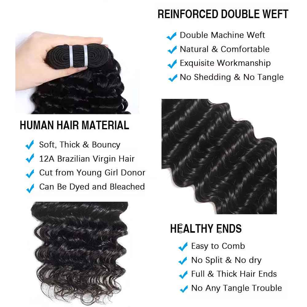 Great Grace 12A Deep Wave Human Hair Bundles 18 20 22 Inch Curly Bundles Human Hair 100% Unprocessed 3 Bundle Brazilian Virgin Human Hair Extensions Quick Weave Natural Black Color