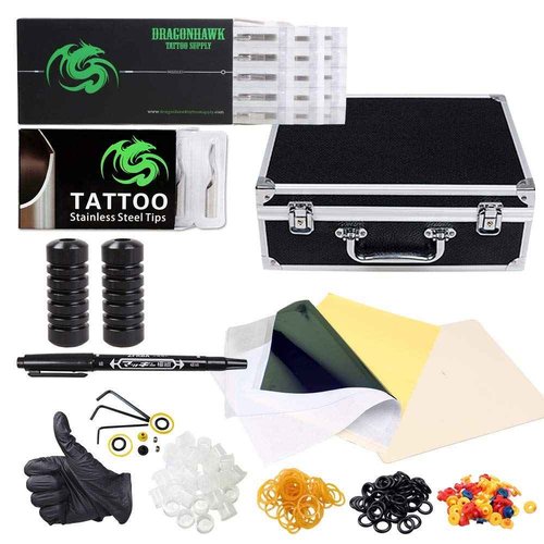Dragonhawk Complete Tattoo Kit with Case, Beginner Traditional Coils Tattoo Machines, Power Supply Immortal Tattoo Inks,Tattoo Needles Foot Pedal Grips Tips