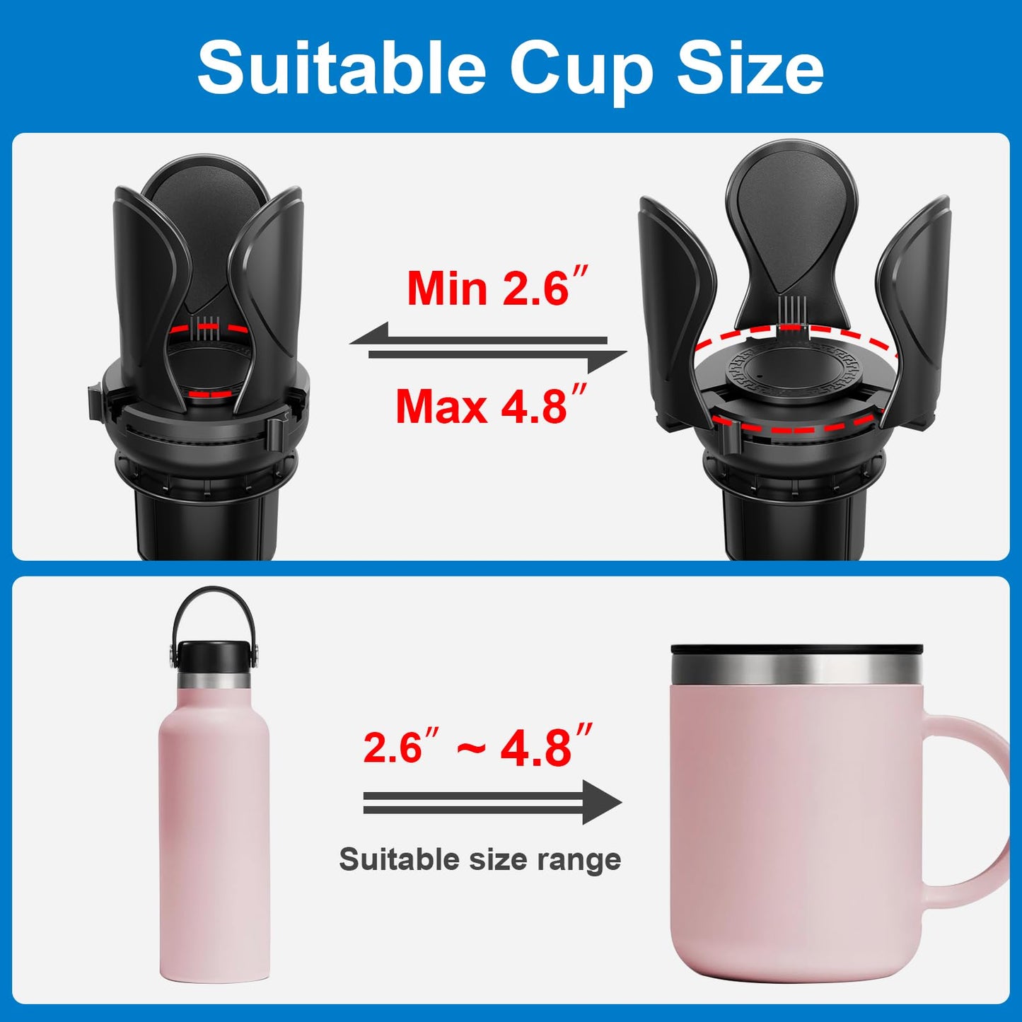 2Pack Car Cup Holder Expander, Cup Holder Extender Adapter with Expandable Arm and Adjustable Base, Compatible with Yeti Ramblers, Hydro Flasks，Stanley, Owala Most Coffee Mugs Bottles & Cups
