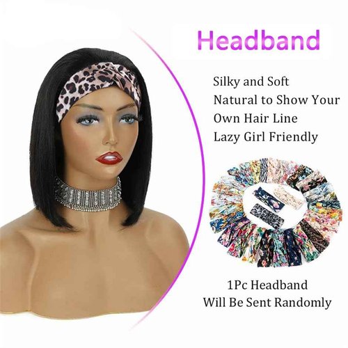 Headband Wig Human Hair for Women Straight Bob Human Hair Headband None Lace Wig Glueless Short Bob Wigs 100% Brazilian Virgin Hair Wear and Go Wigs Natural Color 12 Inch