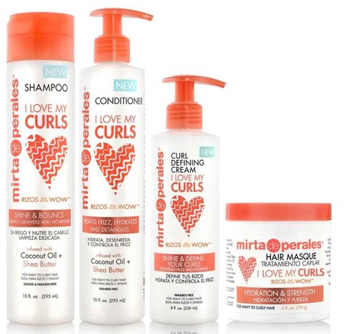 Mirta de Perales Moisturizing Hair Care Set - For Curly, Wavy, Kinky-Coily Tresses - Shampoo, Conditioner, Curl Defining Cream, and Hair Mask for Soft, Smooth Definition (4-Piece Basic)