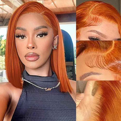 #350 Ginger Orange Bob Wig Human Hair 13x4 Straight Hd Ginger Bob Lace Front Wigs Human Hair Wear and Go Glueless Wigs 14 Inch Pre Plucked with Natural Hairline Frontal Short Bob Wigs For Black Women