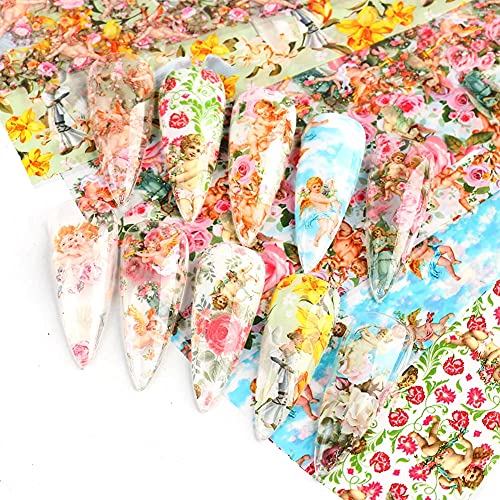 Nail Foil Transfer, DANNEASY 10 Sheets Angle Cupid Flower Design Nail Stickers Wraps Foil Nail Art Decals Manicure Strips DIY Nails Decoration Accessories
