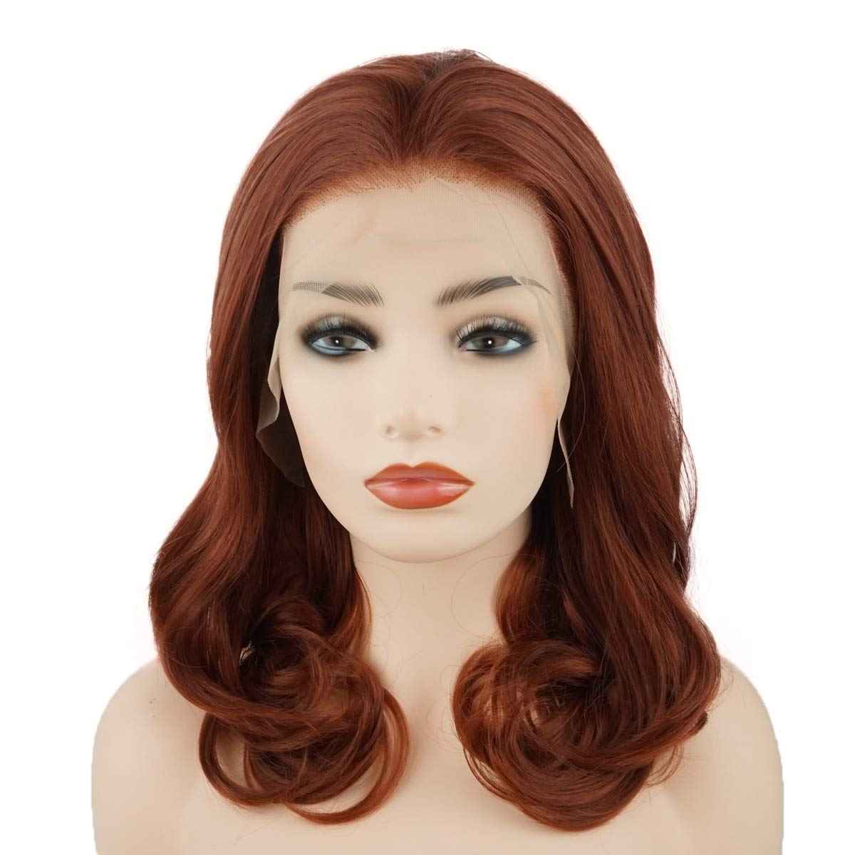 Meiyite Hair Wavy Shoulder Length 16inch Burgundy Red Half Hand Tied Heavy Density Synthetic Lace Front Wigs