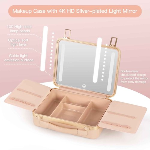BEAUTY CASE Makeup Case with 4K LED Mirror, 12 Inch Shockproof ABS Hard Shell Cosmetic Organizer Bag, Portable Travel Vanity Box with Aluminum Frame, Snap Buckle, Gift for Women Girls, Pink