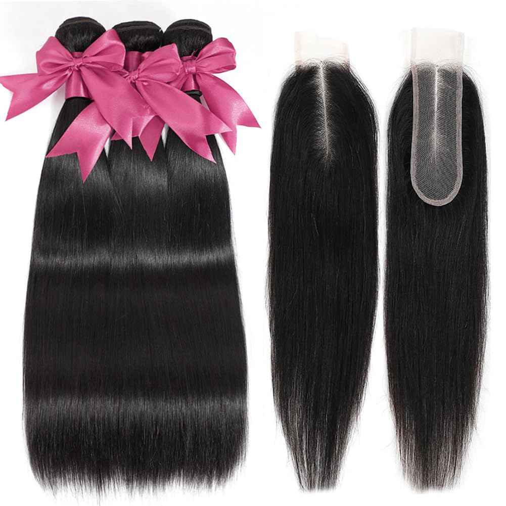 12A Straight Bundles with 2x6 Closure Human Hair 10 12 14 with 10 Inch 100% Unprocessed Brazilian Virgin Human Hair Weave Bundles with 2x6 HD Lace Closure