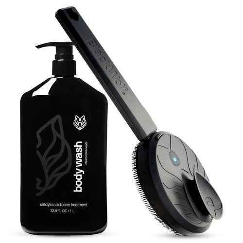 Black Wolf Vibrating Face & Sonic Body Scrubber & Charcoal Powder Body Wash for Men Bundle