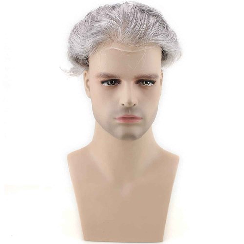 Dreambeauty Human Hair Toupee for Men 10x8 inch, European Human Hair Lace Front Natural Hairline Hair Pieces 0.08mm Thin Skin PU V-looped Men's Hair Replacement System (20% #1B Color Mixed 80% Grey Synthetic Hair)