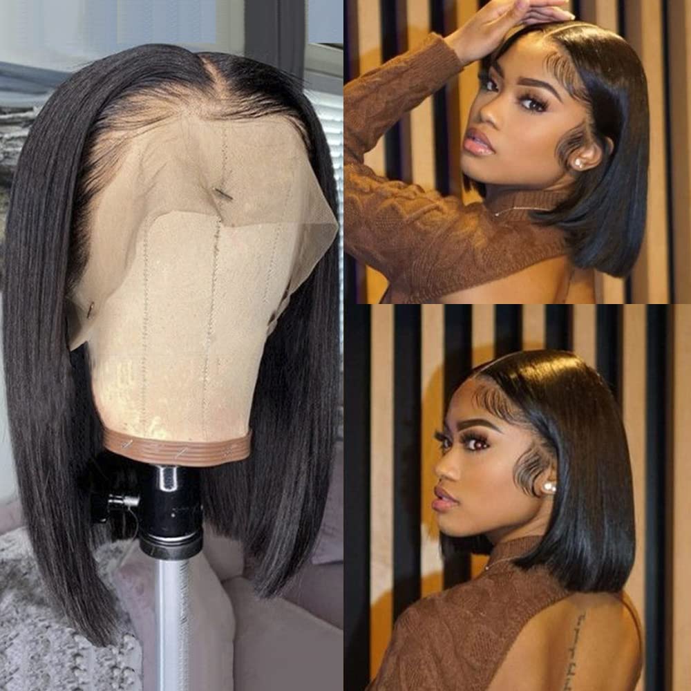 Karlami Bob Wig Human Hair 13X6 Lace Front Wigs Human Hair for Black Women Pre Plucked HD Short Wigs 150% Density Wigs (Natural color 13X6 straight bob, 14 Inch)