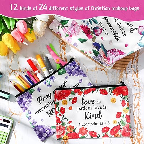 24 Pcs Christian Makeup Bag Bible Cosmetic Bags Inspirational Bible Verse Toiletry Pouches Canvas Motivational Pouches with Zipper for Women Organize Cosmetics Toiletries Stationery(Floral)