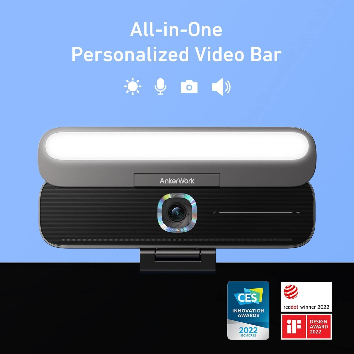 Anker Work B600 Videobar, Webcam with Light, with 2K Camera & Lighting for Video Conferencing, Noise Cancelling with AI 4 Built-in Microphones, 2K Resolution, Clear Sound Quality, Microphone