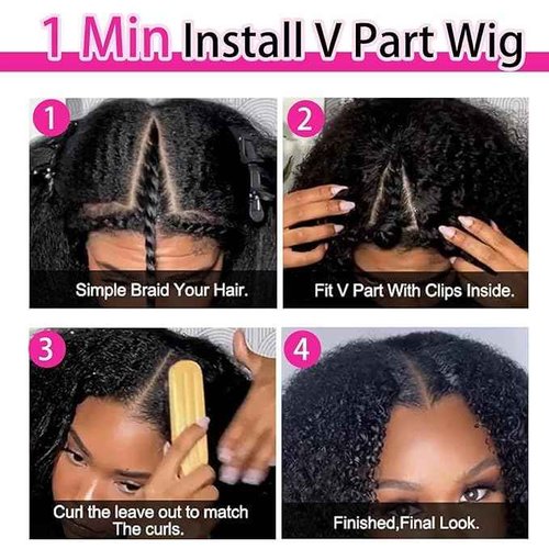 Homgoss V Part Wigs Human Hair For Women Upgrade Afro Kinky Curly V Part Wigs No Sew In No Leave Out No Glue V Part Human Hair Wig With Drawstring 200% Density Natural Color (14inch)
