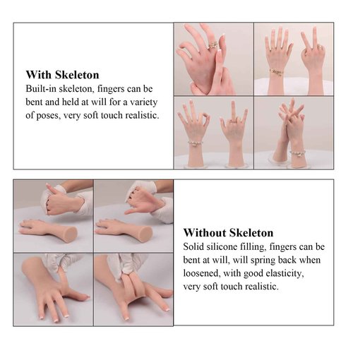 QIAOYIQIAO Silicone Realistic Female Hand Acrylic Nails Pratice Training For Nail Art Showing Jewelry Life Size Female Model Flexible Bendable (Pair Hand-Without Skeleton, Nude)