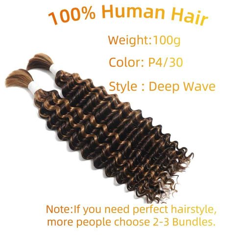 P4/30 Deep Wave Ombre Human Braiding Hair 28Inch 2 Bundles 100g Bulk Virgin Curly Hair for Boho Braids Wet and Wavy
