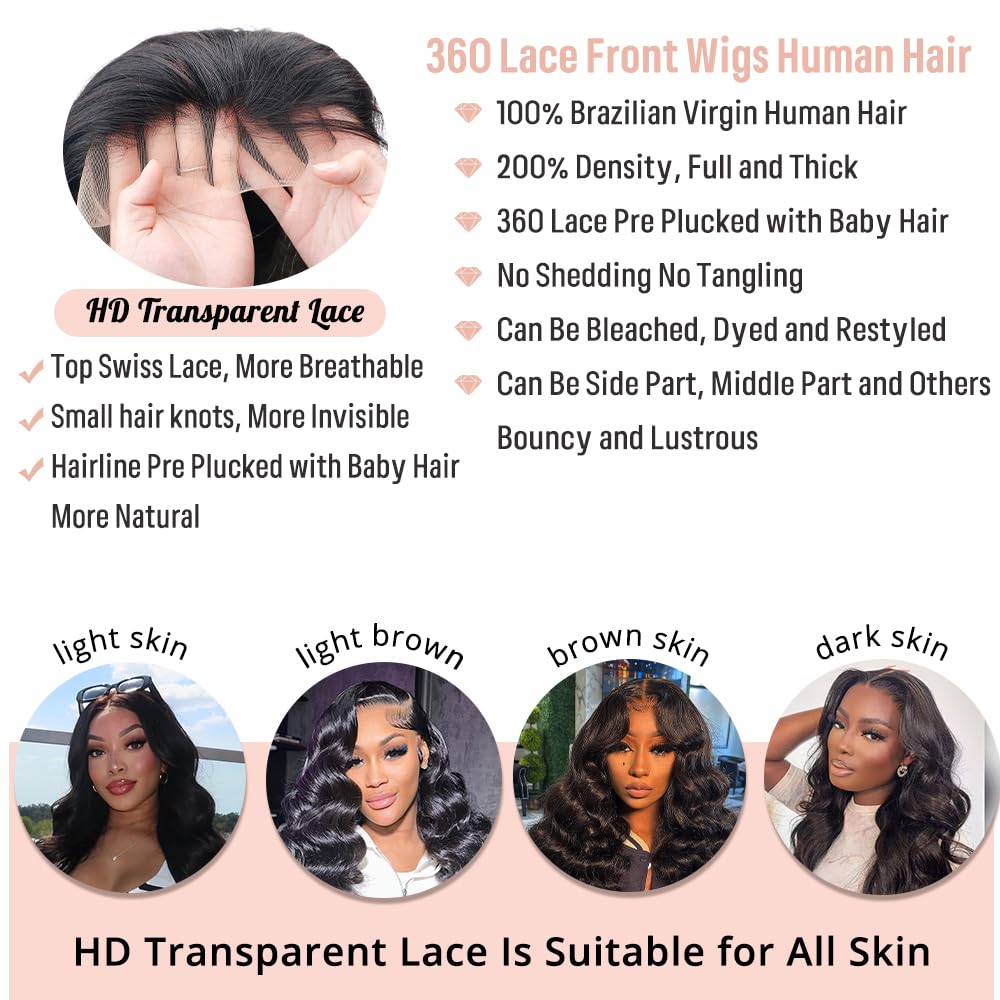 PRUWIGS 360 Lace Front Wigs Human Hair Body Wave 200% Density 20 Inch Upgraded Hidden Straps 360 HD Full Lace Wigs Human Hair With Drawstring Pre Plucked With Baby Hair for Women Natural Black
