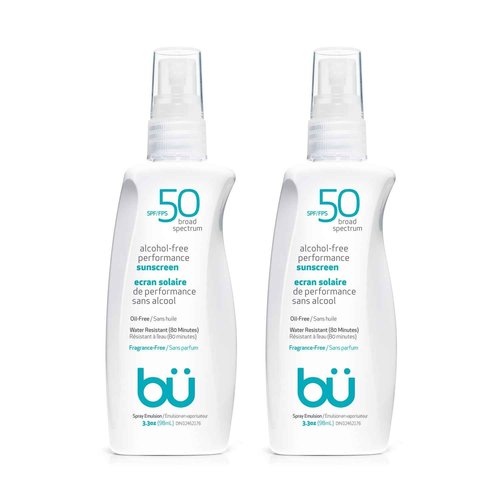 BU SPF 50 Sunscreen Spray for Face and Body, Fragrance Free, Clear Non Aeorsol, Non Greasy and Water Resistant (2-pack)
