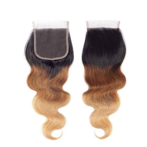 Ombre Blond Bundles with Closure Brazilian Virgin Human Hair #1B/4/27 Body Wave Blond Human Hair Bundles with 4x4 Lace Closure Hair Extension (12 14 16+10 Inch)
