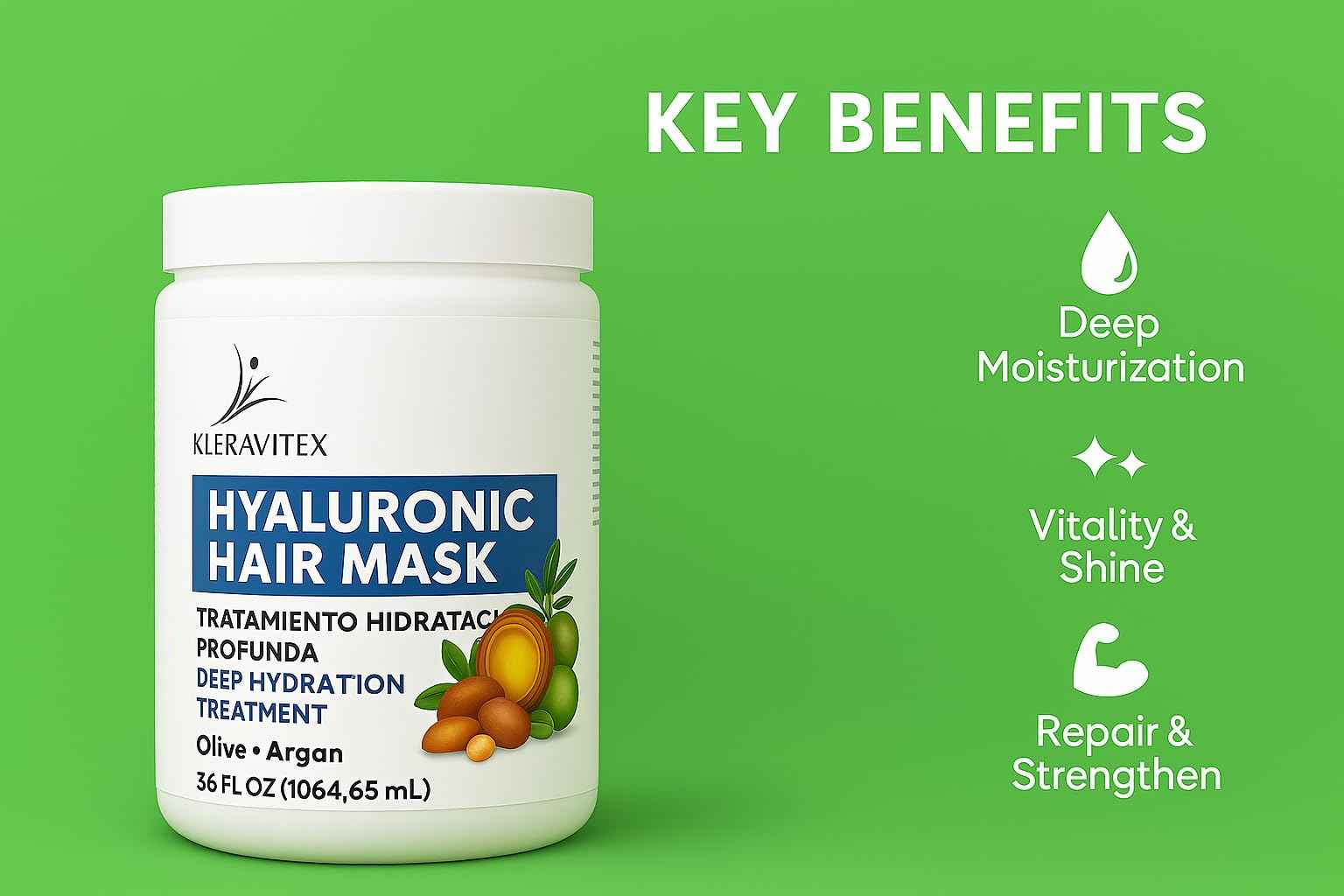 Kleravitex Hyaluronic Hair Mask Formulated With a Rich Blend of Olive Oil and Jojoba Oil to Provide Intense and Lasting Hydration for Dry or Damaged Hair, Restore Vitality and Shine (60 OZ)