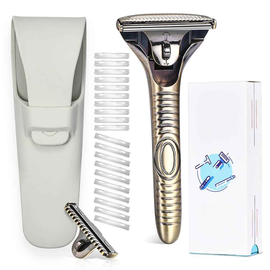 MYITKHT Magnetic Single Blade Razors for Men & Women,Reusable Safety Razor with 360° Rotating Track + 20 Single Edge Razor Blades + Waterproof Silicone Case - Bronze