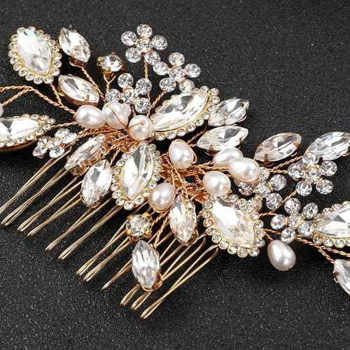 Women Girls Wedding Party Flower Pearl Hair Comb, Floral Crystal Bridal Hair Piece Side Combs Wedding Hair Pin Hair Accessories (Gold)