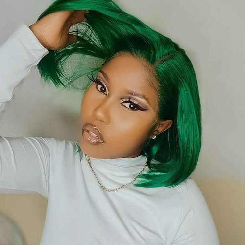 YOUFA Emerald Green Color Blunt Cut Short Bob Lace Front Wigs Brazilian Bone Straight Human Hair Wigs Green 13x4 Ear To Ear Lace Frontal Wigs Pre Plucked Natural Hairline(Turquoise, 8 inch)
