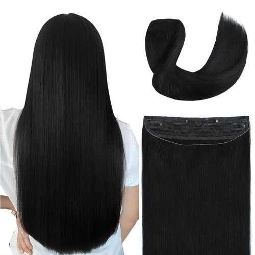 Invisible Wire Hair Extensions Real Human Hair - 20 Inch 80G Natural Black Transparent Fish Line Clip-Ins Hair Piece, 100% Remy Human Hair Extensions for Women