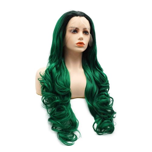 LUSHY BEAUTY Hair Synthetic Lace Front Wig Wavy Long 26inch Dark Root Green Ombre Heavy Density Heat Resistant Realistic Wig