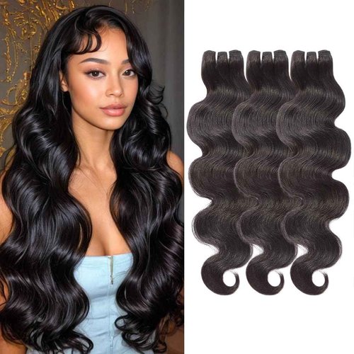 Wequeen 16A Body Wave Human Hair Bundles 16 18 20 Inch 100% Unprocessed Brazilian Virgin Hair Quick Weave Bundles Human Hair Extensions Real Human Hair, Natural Black
