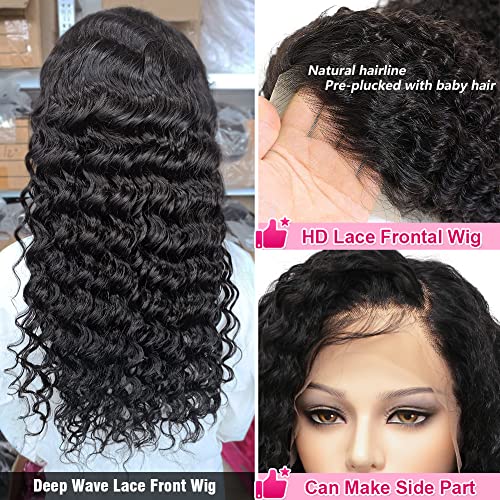 180 Density 13x4 HD Lace Front Wigs Human Hair Pre Plucked with Baby Hair Transparent Glueless Brazilian Deep Wave Frontal Wigs for Women Natural Black Color
