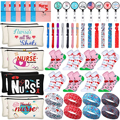 72 Pcs Christmas Nurses Gifts Bulk Nurses Week Appreciation Gift Women with Socks Makeup Bags Penlight Badge Reels Headband Bracelet Hair Rope for Employees Doctors Team Nursing Pharmacists Staff