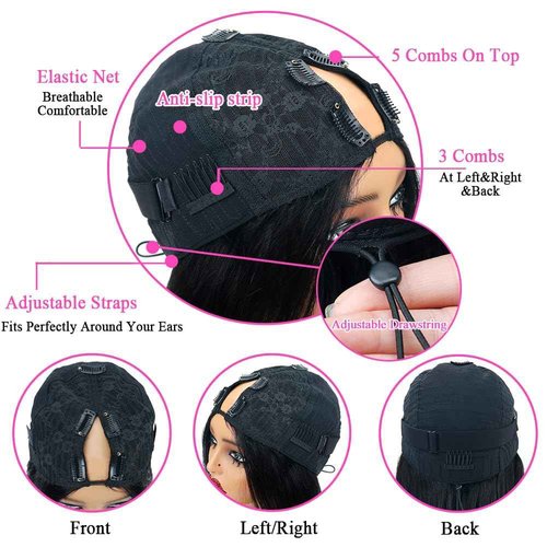 Amznlady V Part Wigs Straight Brazilian Virgin Human Hair Wig for Black Women Upgrade U Part Wigs Glueless Full Head Clip In Half Wig V Shape Wigs No Leave Out 180% Density Natural Color 24"