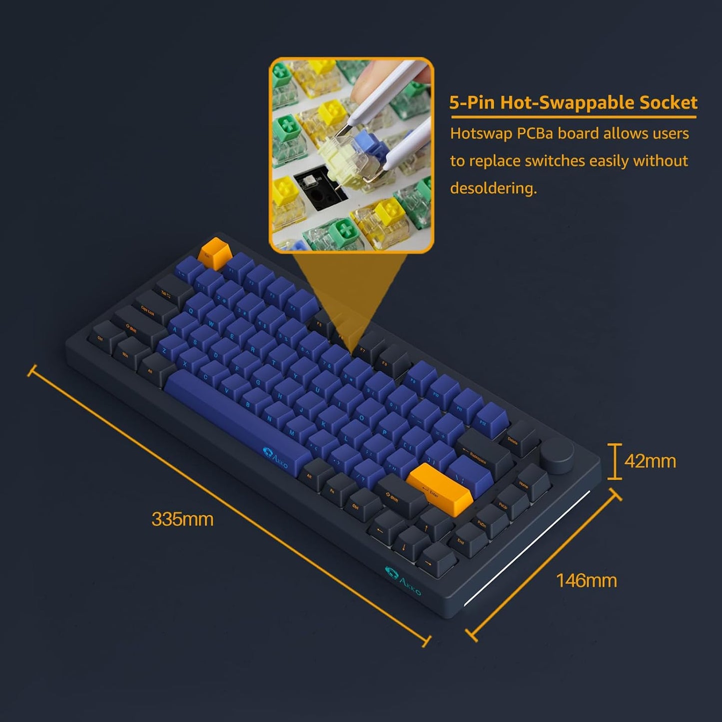 Akko 5075B Plus Mechanical Keyboard 75% Percent RGB Hot-swappable Creamy Keyboard with Knob, Black & Silver Theme with PBT Double Shot ASA Profile Keycaps V3 Creamy Yellow Pro Switch