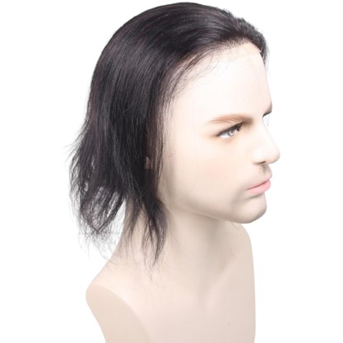 Voloria Swiss Lace Front with PU Men's Toupee Man Hairpieces Human Hair Replacement System for Men 4.5x7inch 10inches Long Hair 1B Black Color
