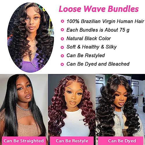 Loose Body Wave Bundles Human Hair with Frontal (14 16 18+12) 12A Grade 100% Body Wave Human Hair Extensions 13x4 Lace Frontal Human Hair 180% Density Natural Black