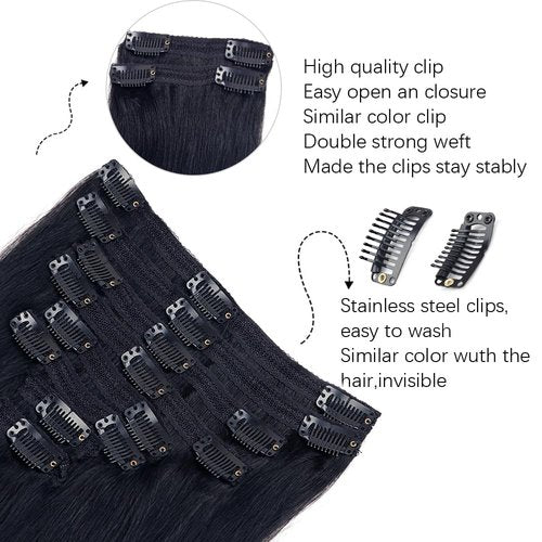 Straight Clip in Hair Extensions for Black Women Clip in Hair Extensions Real Human Hair,8pcs Per Set with 18Clips Double Lace Weft,120Gram,100% Real Soft Human Hair Natural Black (26Inch, #1B)