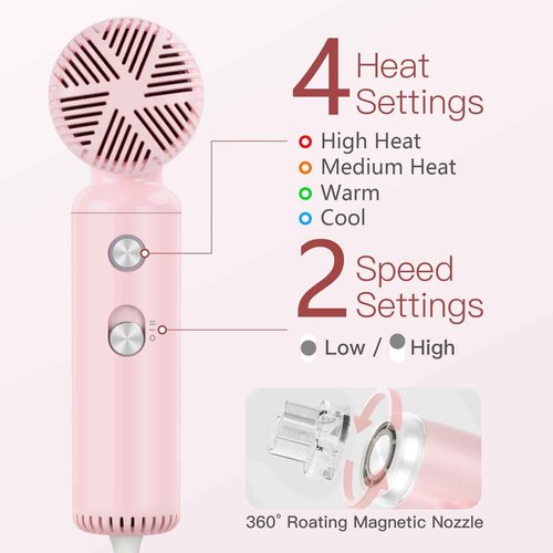 Webeauty Hair Dryer, [Super Mini] Ionic High-Speed Travel Blow Dryer with Diffuser 200 Million Negative Ions, 110,000RPM Brushless Motor for Home Salon Fast Drying Portable Lightweight, Pink