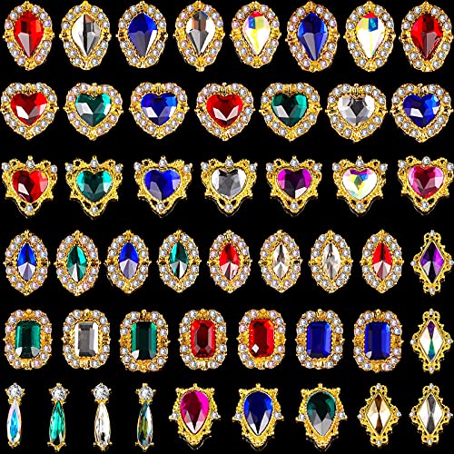 Leelosp 48 Pieces Luxury 3D Nail Charms Rhinestones Colorful Shiny Diamonds Metal Crystals Jewelry Nail Decoration Alloy Heart Drop Mix Size Beauty DIY Studs Decor