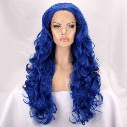 FSLWIGS Blue Lace Front Wig Long Body Wavy Wig Synthetic Hair Look Natural Wigs for Women
